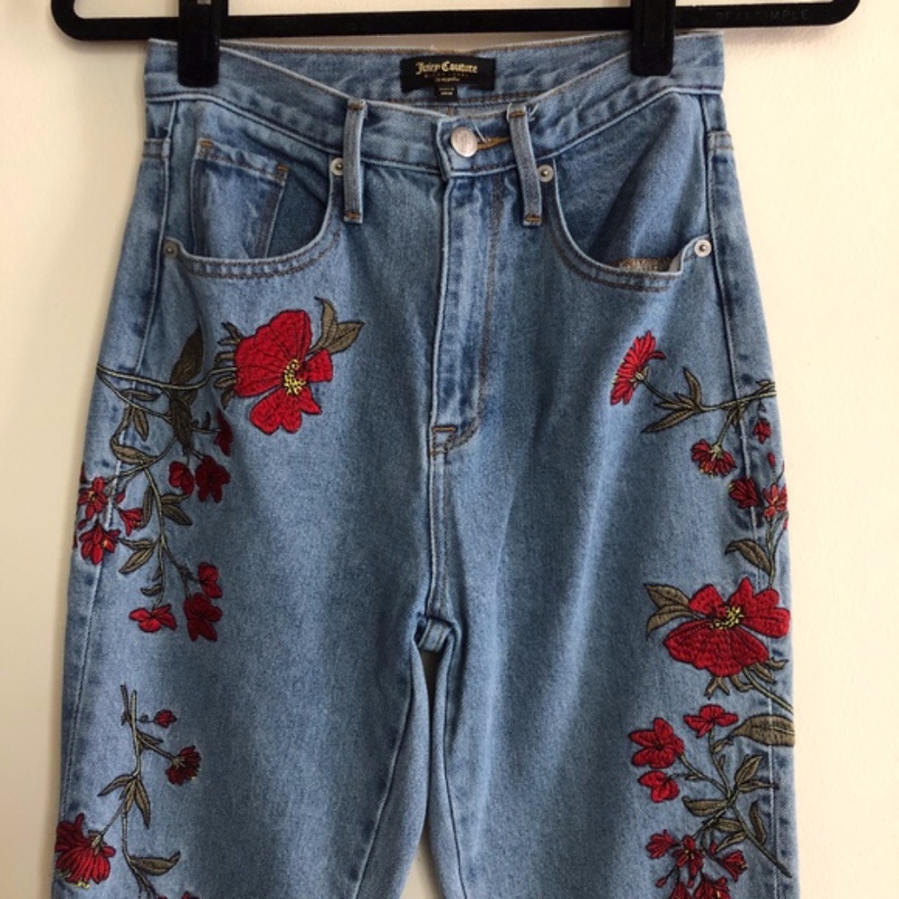 Juicy Couture Blue Jeans with Red Floral Embroidery